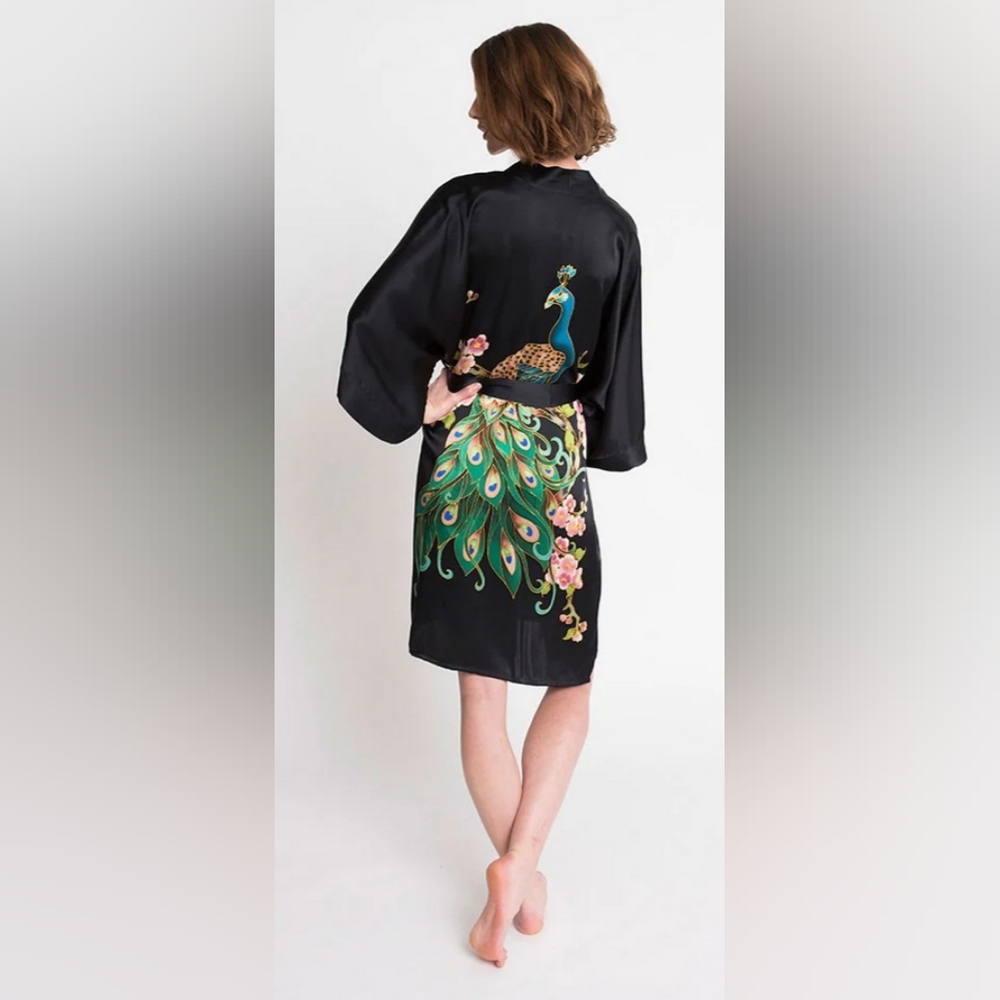 Handpainted Peacock Kimono Robe - Short